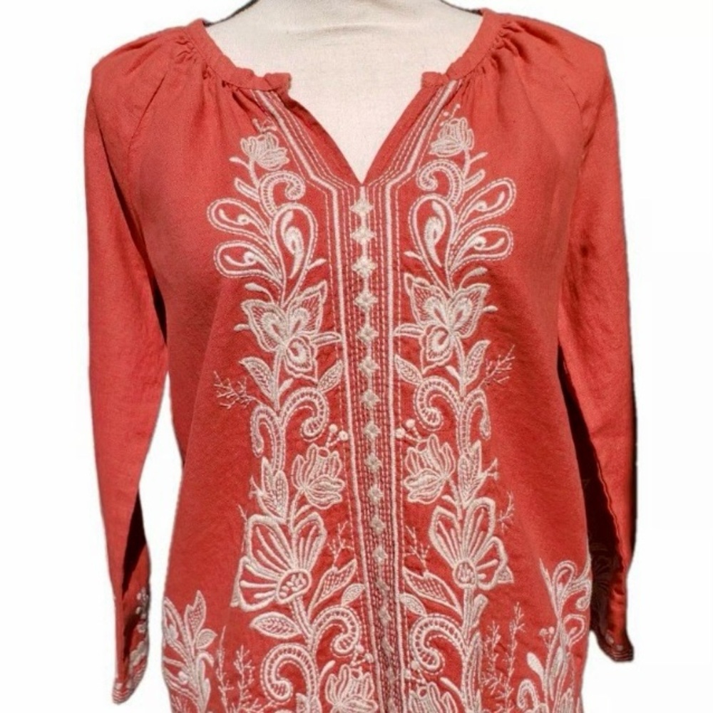 JOHNNY WAS Womens Blouse Embroidered Orange Linen Tunic Shirt size M